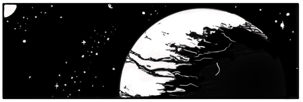 A black and white drawing of a planet