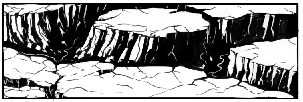 A black and white drawing of some large canyons