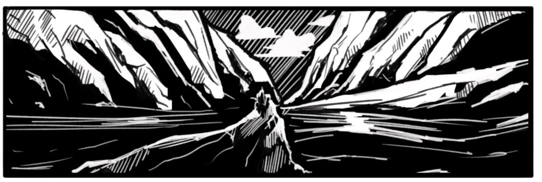 A black and white drawing of a canyon with a central rock protrusion